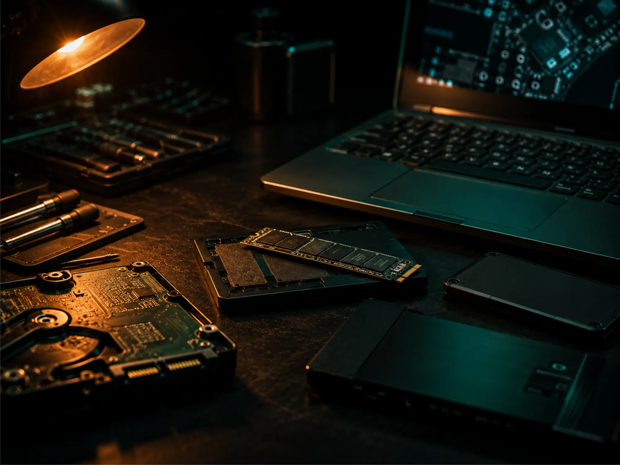 Bancada de reparo da infobug, com ferramentas de precisão